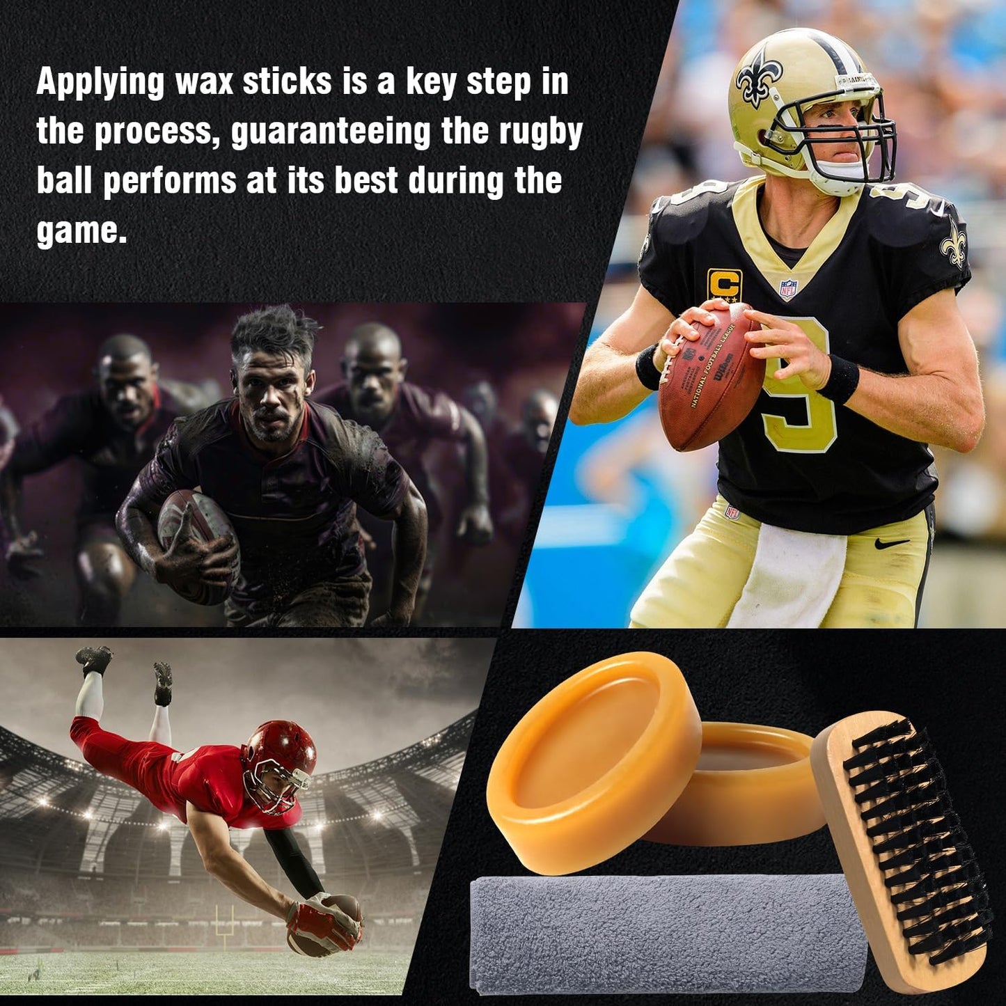 4 in 1 Football Prep Kit - for Effectively Secure Grip & Enhance Tack with 2 Football Wax & 1 Football Brush & 1 Cloth - Adult & Youth Football Leather Conditioner and Football Accessories