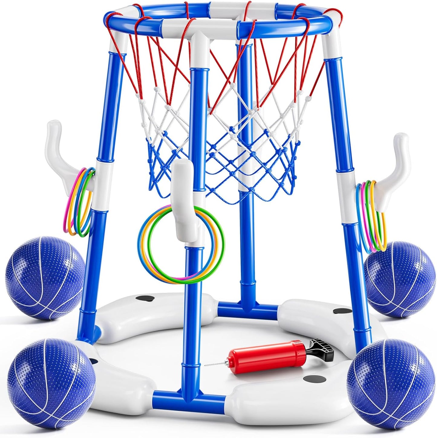 Pool Basketball Hoop, 2 in 1 Floating Pool Toys with 4 Balls and Inflatable Pump, Indoor Outdoor Water Basketball Swimming Pool Games Gifts Toys for Kids Ages 4-8 8-12