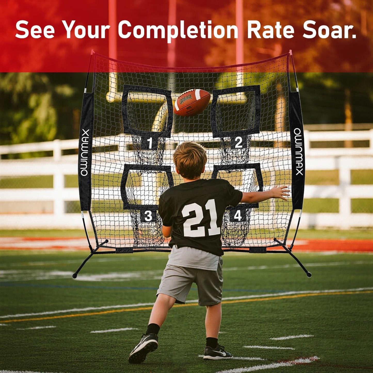 6X6 Ft Football Trainer Throwing Net, Training Target Practice with 4 Targets, Includes Carry Bag and Ground Stake, Black and Red, Great for Kids and Youth