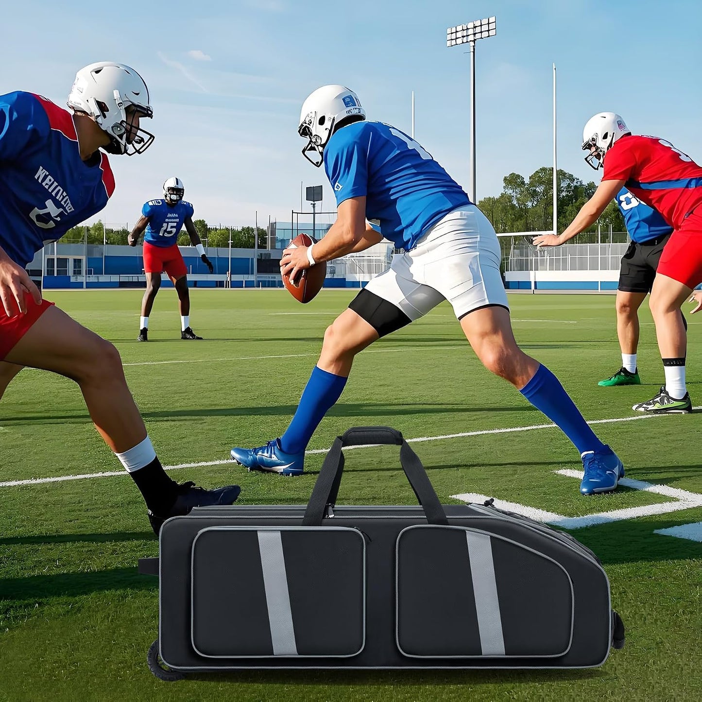 Football Bag with Wheels, Large Capacity Durable Football Gear Bag with & Multi-Pocket, Tackle Player Equipment Bag Rolling Sport Bag for Football Accessories