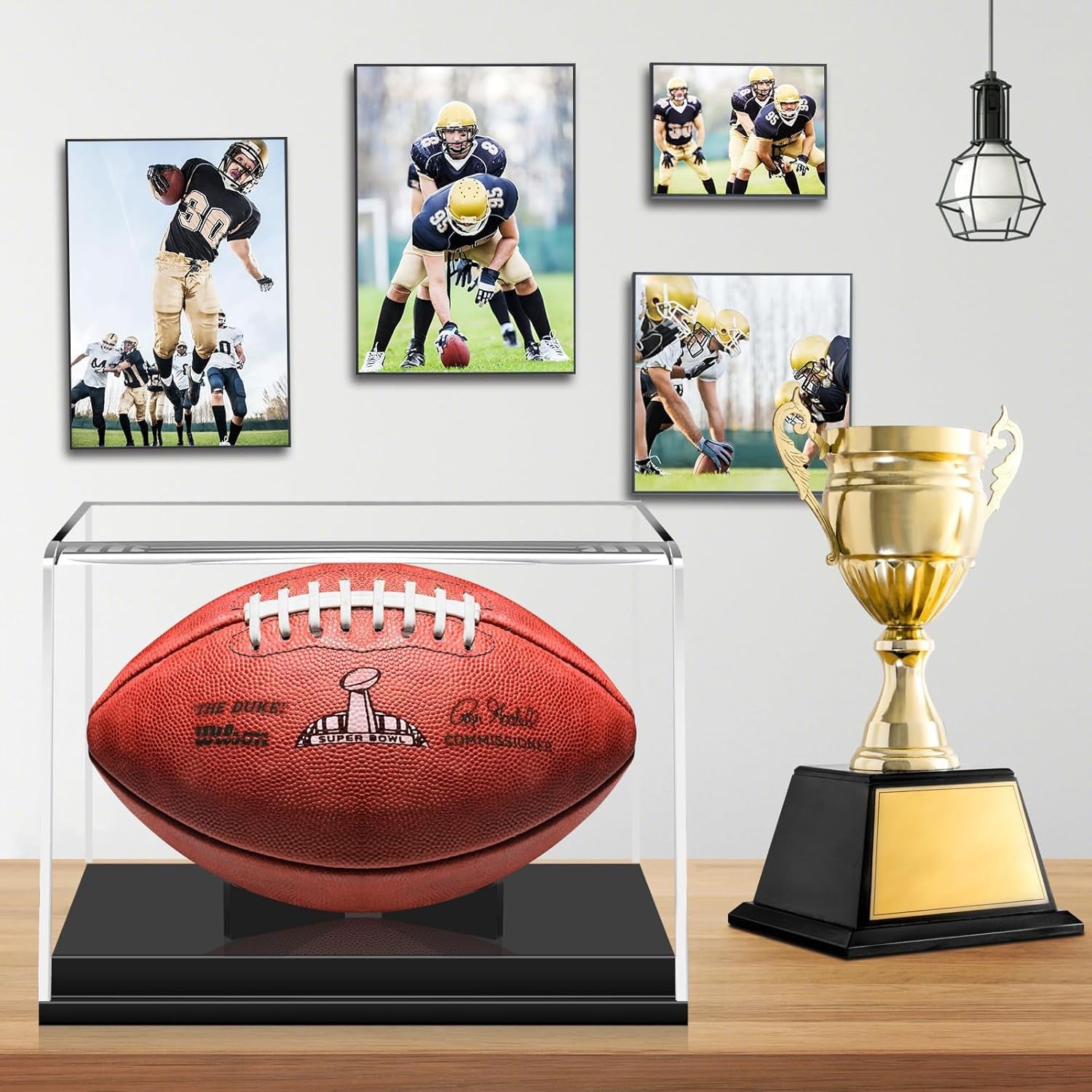 Football Display Case, Acrylic Football Case Display Case Autographed Football Holder, No Assembly Required Football Display Box with Removable Built-In Football Display Stand