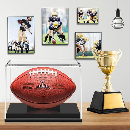 Football Display Case, Acrylic Football Case Display Case Autographed Football Holder, No Assembly Required Football Display Box with Removable Built-In Football Display Stand