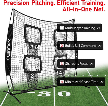 6X6 Ft Football Trainer Throwing Net, Training Target Practice with 4 Targets, Includes Carry Bag and Ground Stake, Black and Red, Great for Kids and Youth