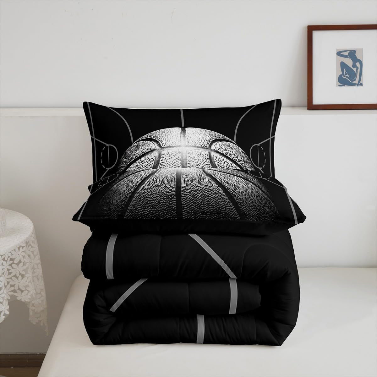 Boys Comforter Set Queen,Black Basketball Bedding Set for Boys,Sports down Comforter for Basketball Player,3D Basketball Bed Set with 2 Pillowcases Lightweight