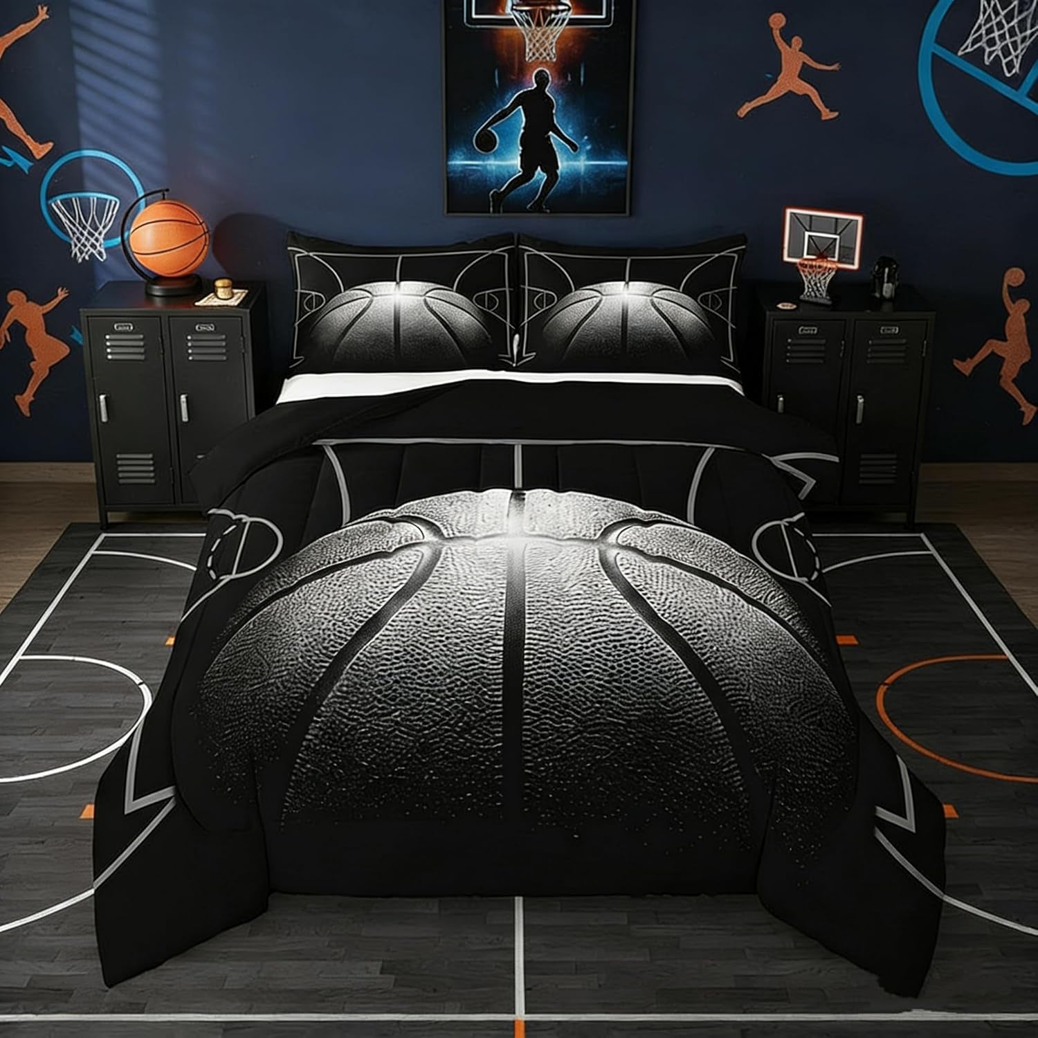 Boys Comforter Set Queen,Black Basketball Bedding Set for Boys,Sports down Comforter for Basketball Player,3D Basketball Bed Set with 2 Pillowcases Lightweight