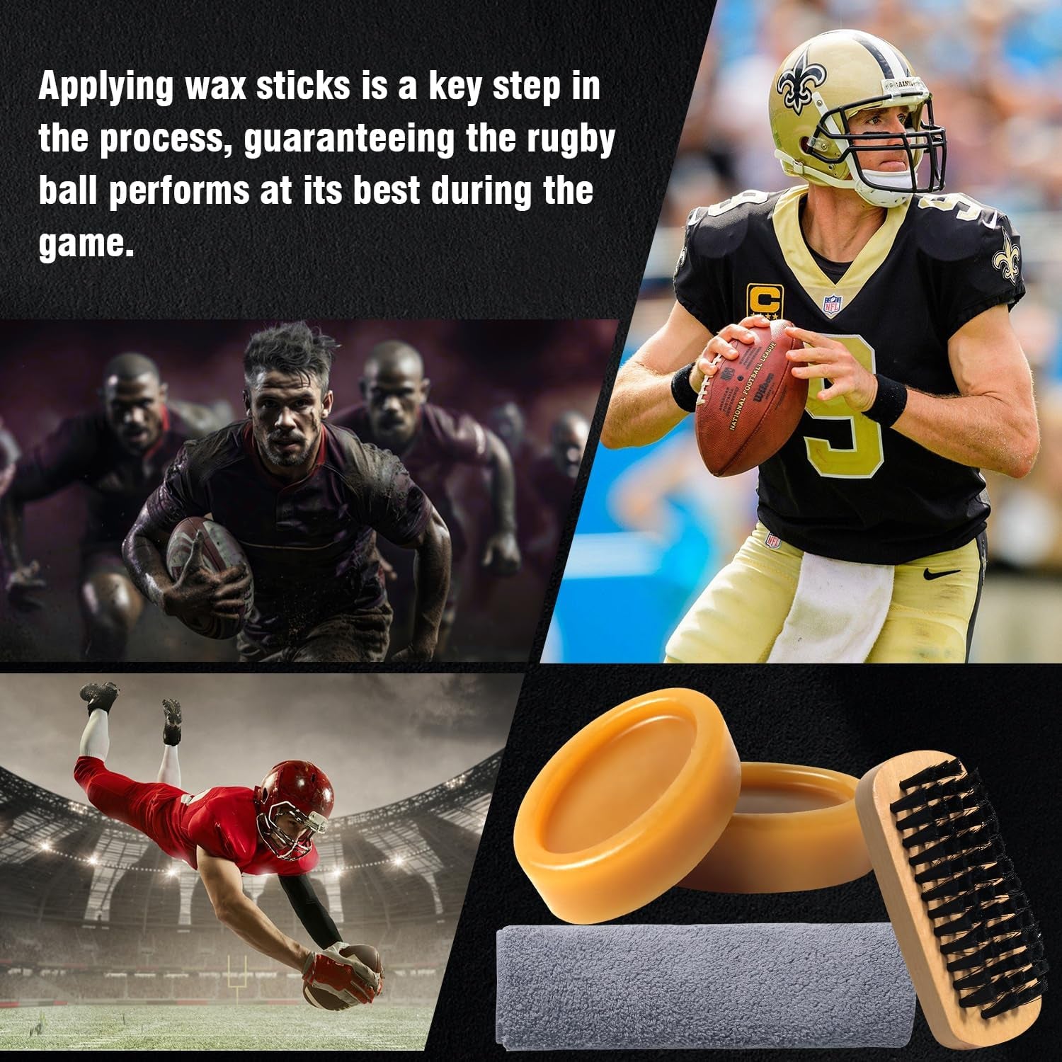 4 in 1 Football Prep Kit - for Effectively Secure Grip & Enhance Tack with 2 Football Wax & 1 Football Brush & 1 Cloth - Adult & Youth Football Leather Conditioner and Football Accessories