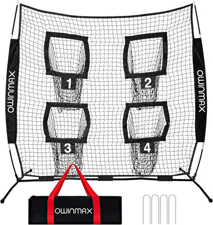 6X6 Ft Football Trainer Throwing Net, Training Target Practice with 4 Targets, Includes Carry Bag and Ground Stake, Black and Red, Great for Kids and Youth