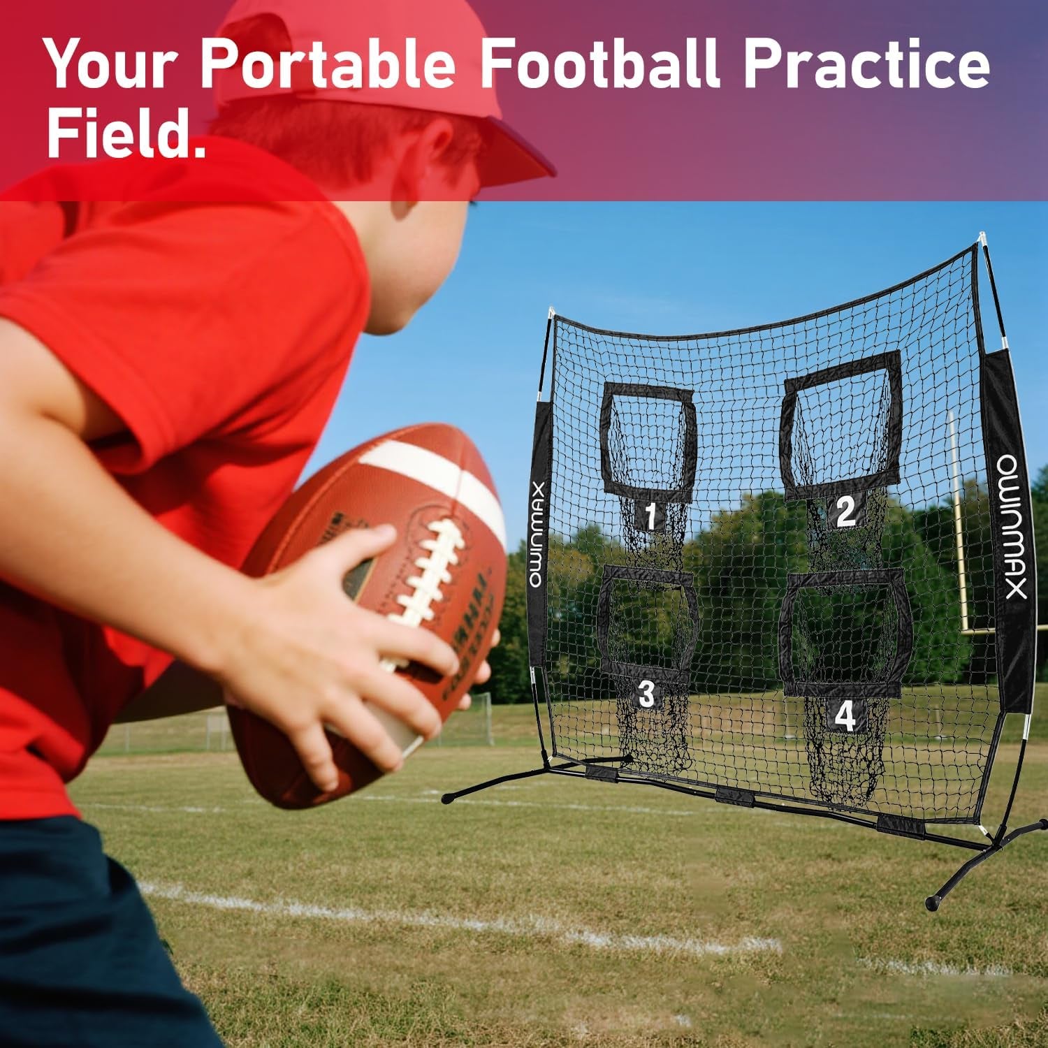 6X6 Ft Football Trainer Throwing Net, Training Target Practice with 4 Targets, Includes Carry Bag and Ground Stake, Black and Red, Great for Kids and Youth