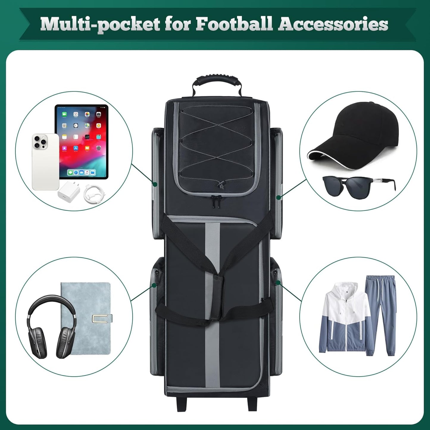 Football Bag with Wheels, Large Capacity Durable Football Gear Bag with & Multi-Pocket, Tackle Player Equipment Bag Rolling Sport Bag for Football Accessories