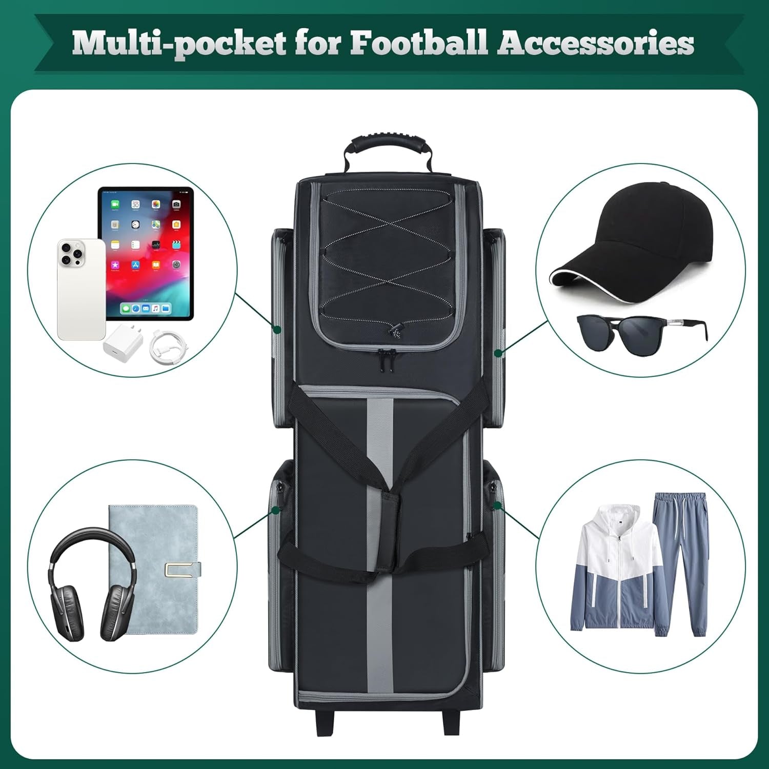 Football Bag with Wheels, Large Capacity Durable Football Gear Bag with & Multi-Pocket, Tackle Player Equipment Bag Rolling Sport Bag for Football Accessories