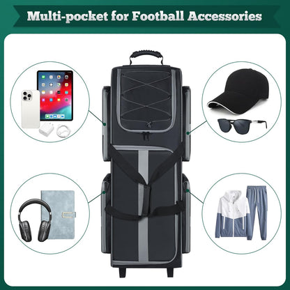 Football Bag with Wheels, Large Capacity Durable Football Gear Bag with & Multi-Pocket, Tackle Player Equipment Bag Rolling Sport Bag for Football Accessories