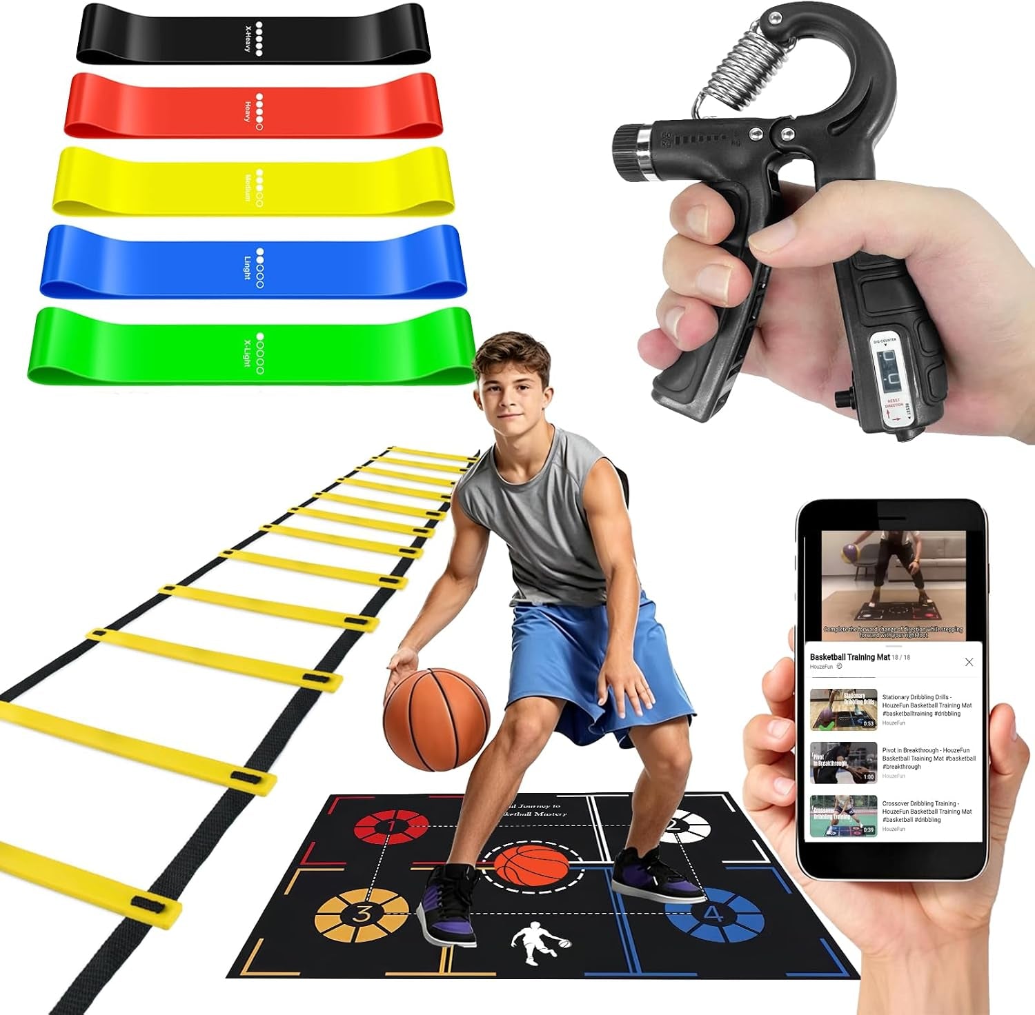 Basketball Training Equipment, Agility Footwork Training Mat, Dribble Trainer, Basketball Practice Aids with Training Mat, Agility Ladder, Grip Strengthener, Resistance Bands