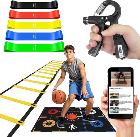 Basketball Training Equipment, Agility Footwork Training Mat, Dribble Trainer, Basketball Practice Aids with Training Mat, Agility Ladder, Grip Strengthener, Resistance Bands