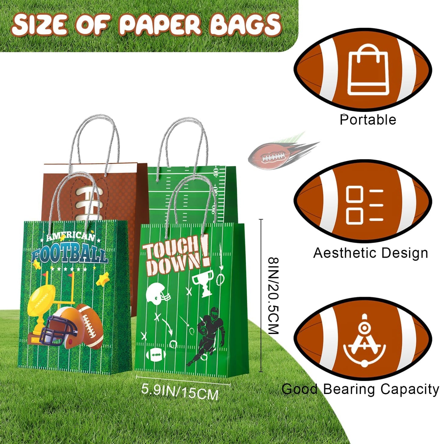 Football Gift Bags, 16 Pcs Football Goodie Bags Set Football Party Favor Bags Football Candy Bags for Super Football Birthday Party Decorations