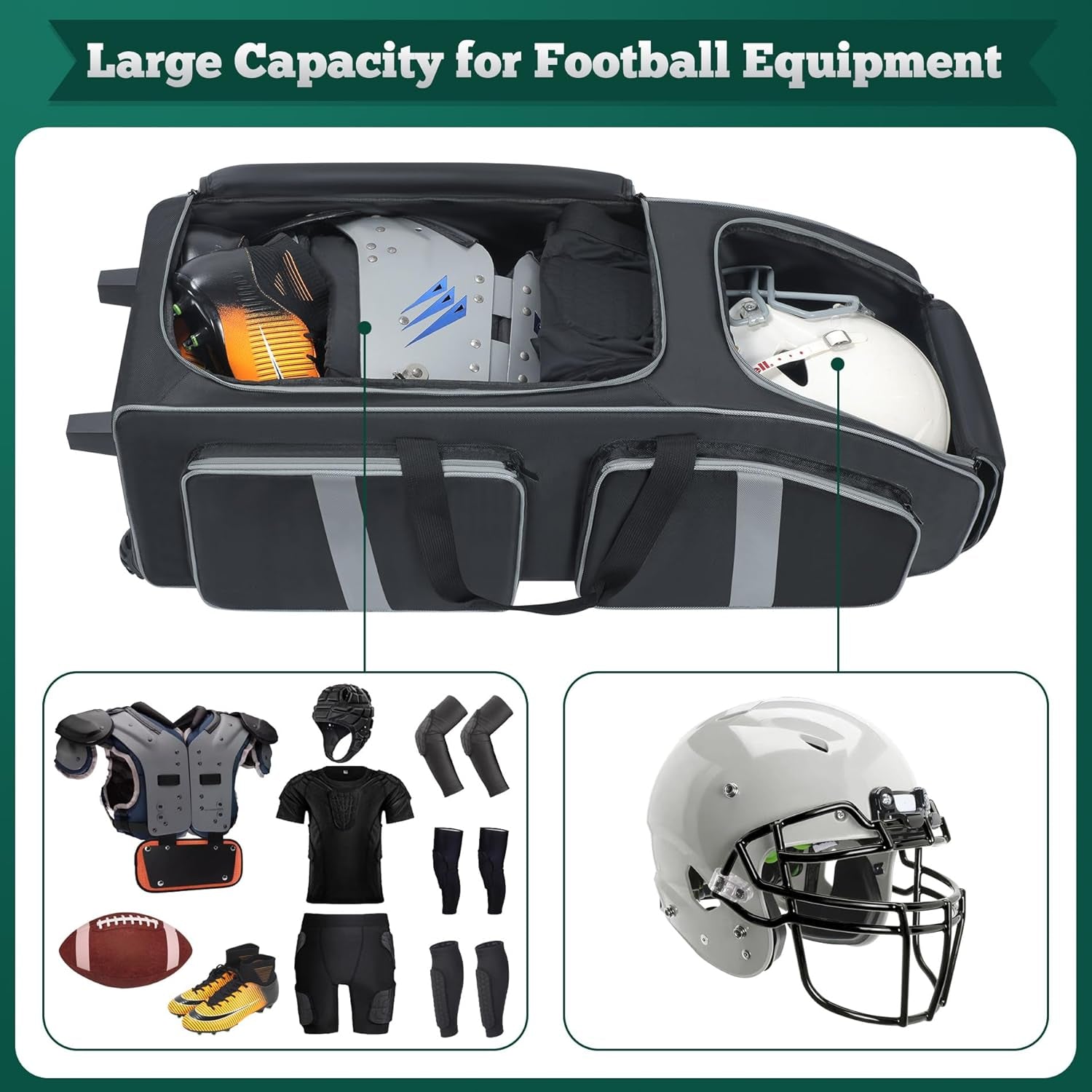 Football Bag with Wheels, Large Capacity Durable Football Gear Bag with & Multi-Pocket, Tackle Player Equipment Bag Rolling Sport Bag for Football Accessories