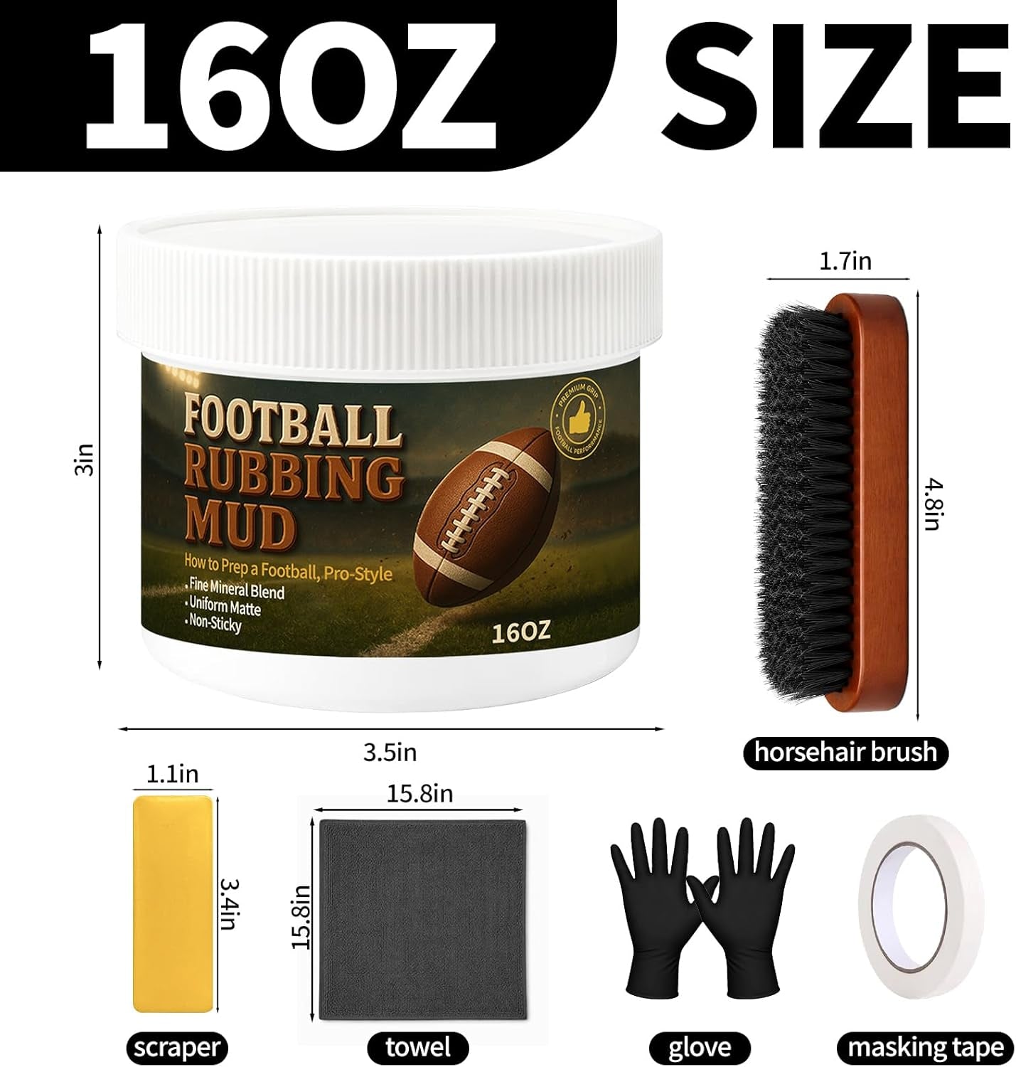 16Oz Football Rubbing Mud Kit, Baseball Mud Prep Kit with Brush, Towel, Gloves,Tape & Scraper, Leather Football Conditioner