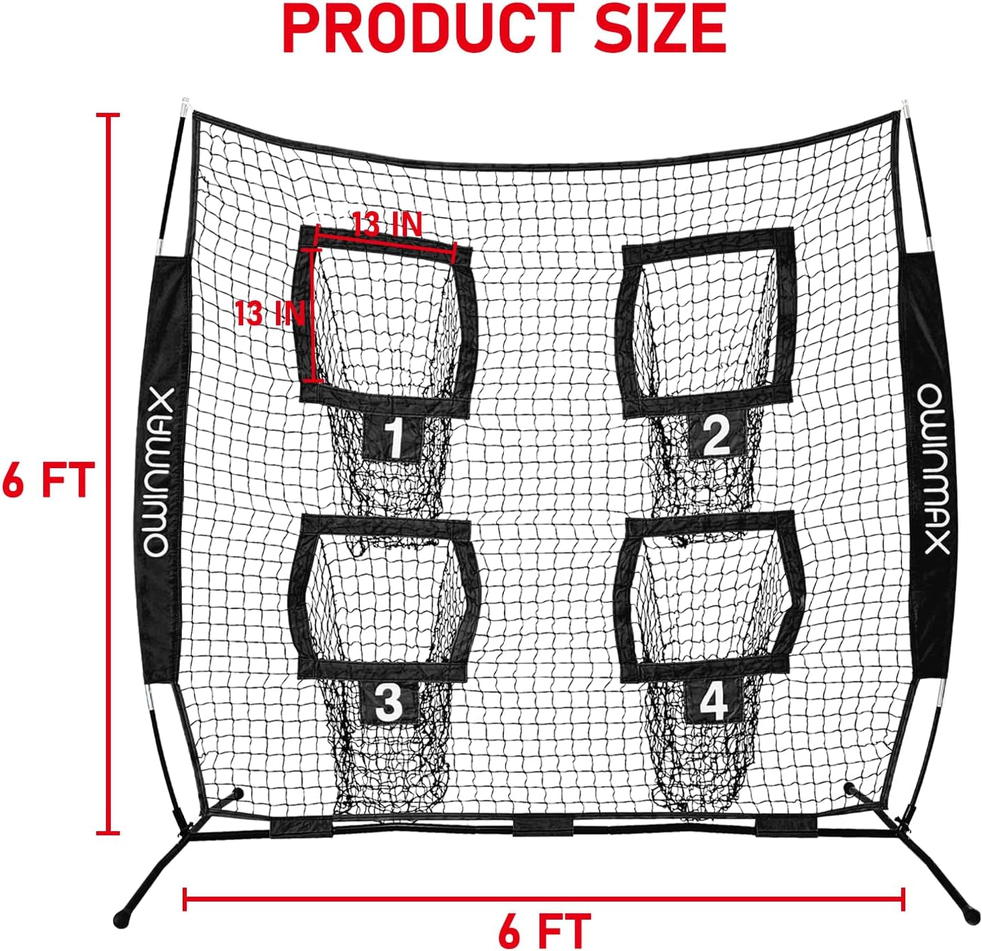 6X6 Ft Football Trainer Throwing Net, Training Target Practice with 4 Targets, Includes Carry Bag and Ground Stake, Black and Red, Great for Kids and Youth