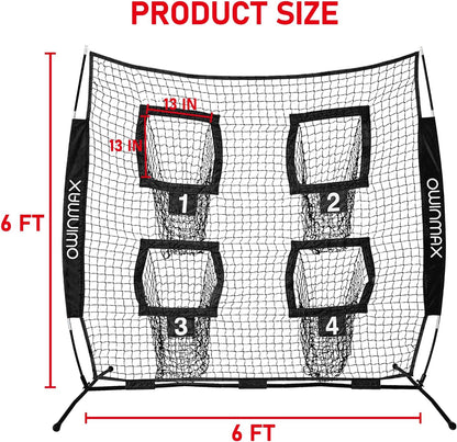 6X6 Ft Football Trainer Throwing Net, Training Target Practice with 4 Targets, Includes Carry Bag and Ground Stake, Black and Red, Great for Kids and Youth