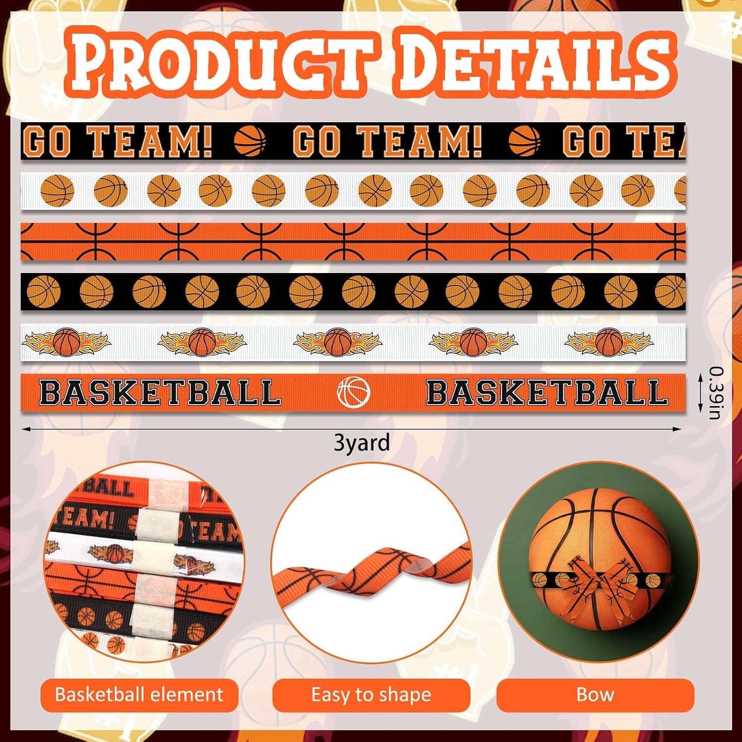 6 PCS Sports Basketball Ribbons for Crafting, 3/8" Width Grosgrain Ribbon Orange Basketball Softball Craft Ribbon Ball Game Ribbons for Sewing DIY Crafts Sports Team Party Decor Supplies