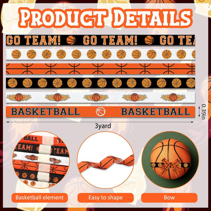 6 PCS Sports Basketball Ribbons for Crafting, 3/8" Width Grosgrain Ribbon Orange Basketball Softball Craft Ribbon Ball Game Ribbons for Sewing DIY Crafts Sports Team Party Decor Supplies