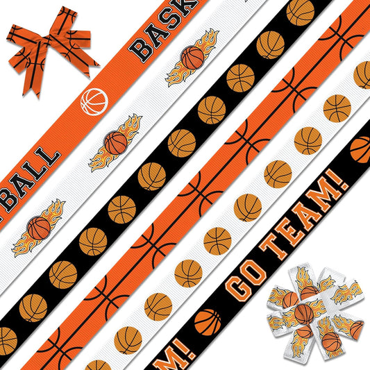 6 PCS Sports Basketball Ribbons for Crafting, 3/8" Width Grosgrain Ribbon Orange Basketball Softball Craft Ribbon Ball Game Ribbons for Sewing DIY Crafts Sports Team Party Decor Supplies