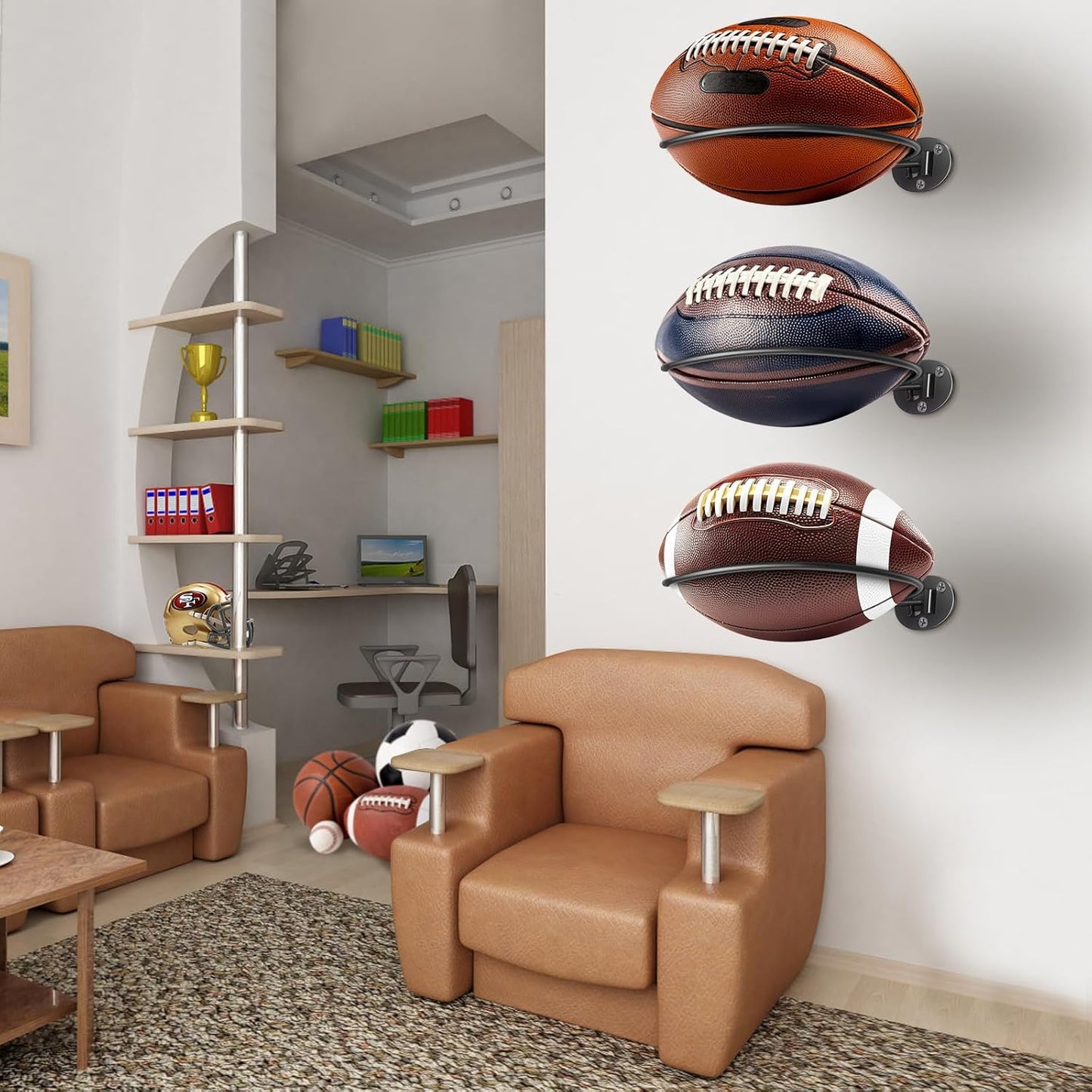 2 Packs Football Room Décor, Wall Mount Football Holder Football Display Stand, Football Room Decor for Boys Man Cave (Super Strong)