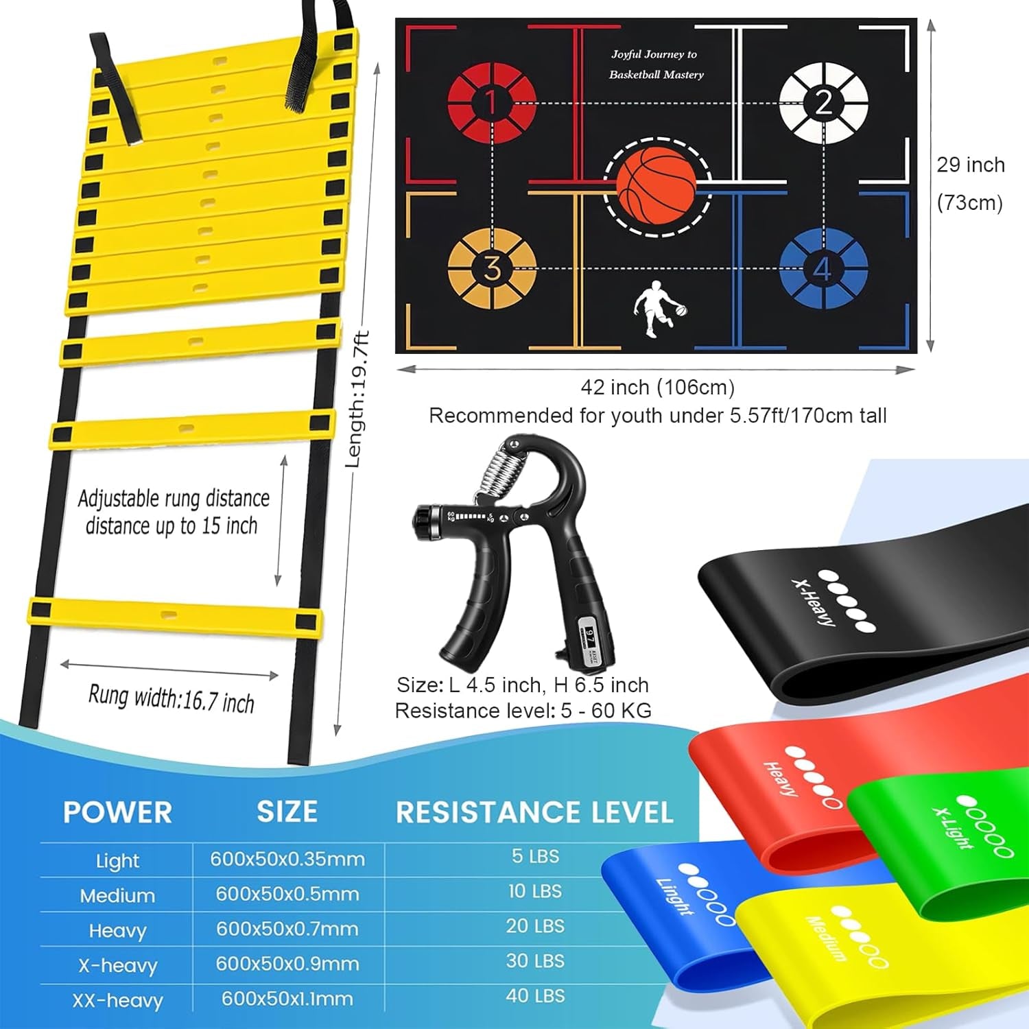 Basketball Training Equipment, Agility Footwork Training Mat, Dribble Trainer, Basketball Practice Aids with Training Mat, Agility Ladder, Grip Strengthener, Resistance Bands
