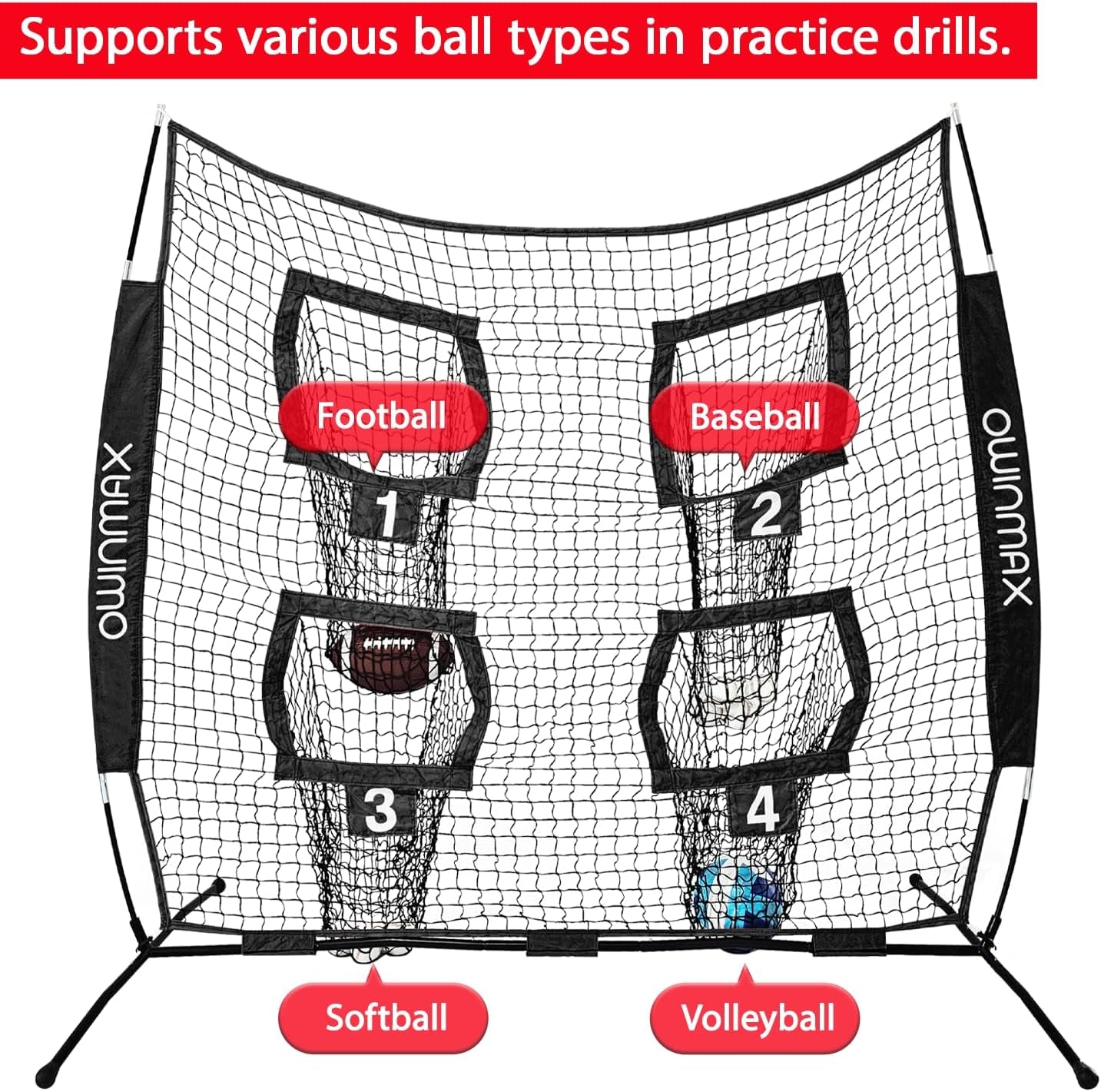 6X6 Ft Football Trainer Throwing Net, Training Target Practice with 4 Targets, Includes Carry Bag and Ground Stake, Black and Red, Great for Kids and Youth
