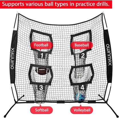 6X6 Ft Football Trainer Throwing Net, Training Target Practice with 4 Targets, Includes Carry Bag and Ground Stake, Black and Red, Great for Kids and Youth