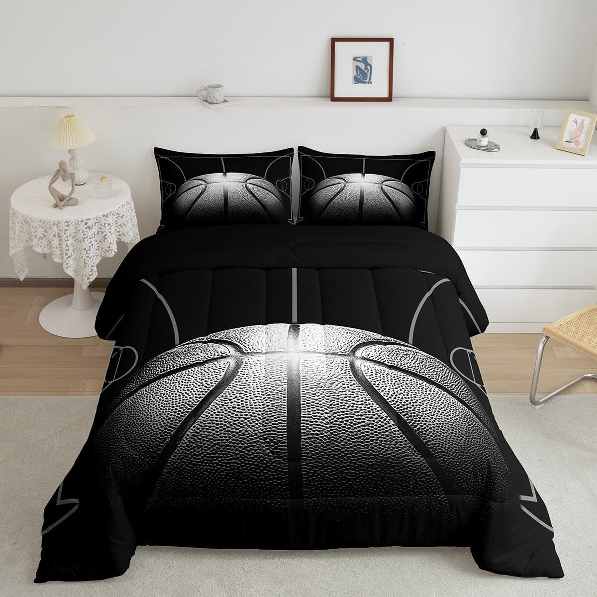 Boys Comforter Set Queen,Black Basketball Bedding Set for Boys,Sports down Comforter for Basketball Player,3D Basketball Bed Set with 2 Pillowcases Lightweight