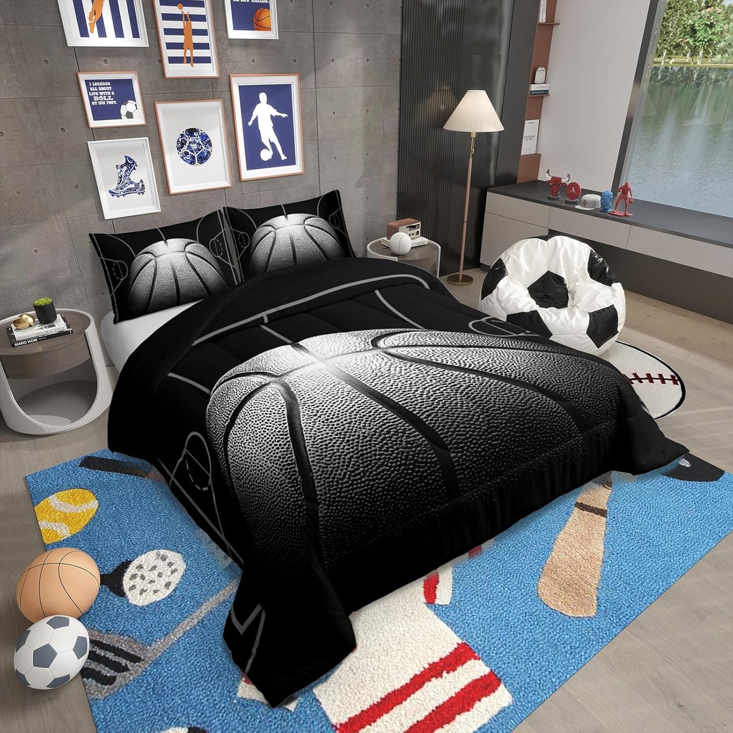 Boys Comforter Set Queen,Black Basketball Bedding Set for Boys,Sports down Comforter for Basketball Player,3D Basketball Bed Set with 2 Pillowcases Lightweight