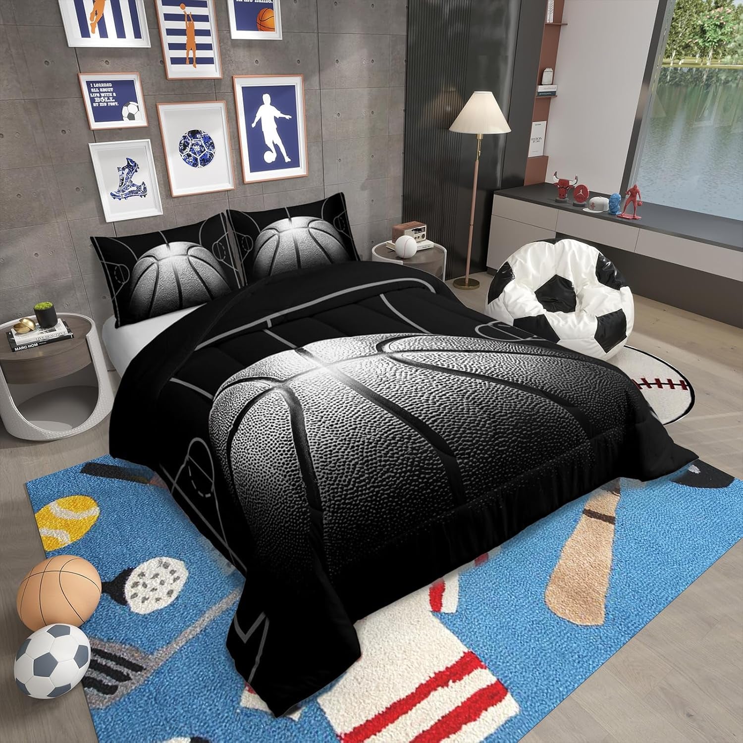 Boys Comforter Set Queen,Black Basketball Bedding Set for Boys,Sports down Comforter for Basketball Player,3D Basketball Bed Set with 2 Pillowcases Lightweight