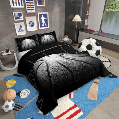 Boys Comforter Set Queen,Black Basketball Bedding Set for Boys,Sports down Comforter for Basketball Player,3D Basketball Bed Set with 2 Pillowcases Lightweight