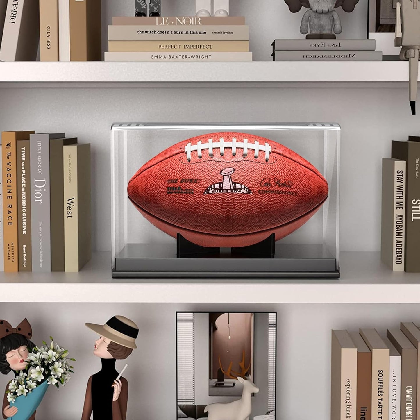 Football Display Case, Acrylic Football Case Display Case Autographed Football Holder, No Assembly Required Football Display Box with Removable Built-In Football Display Stand