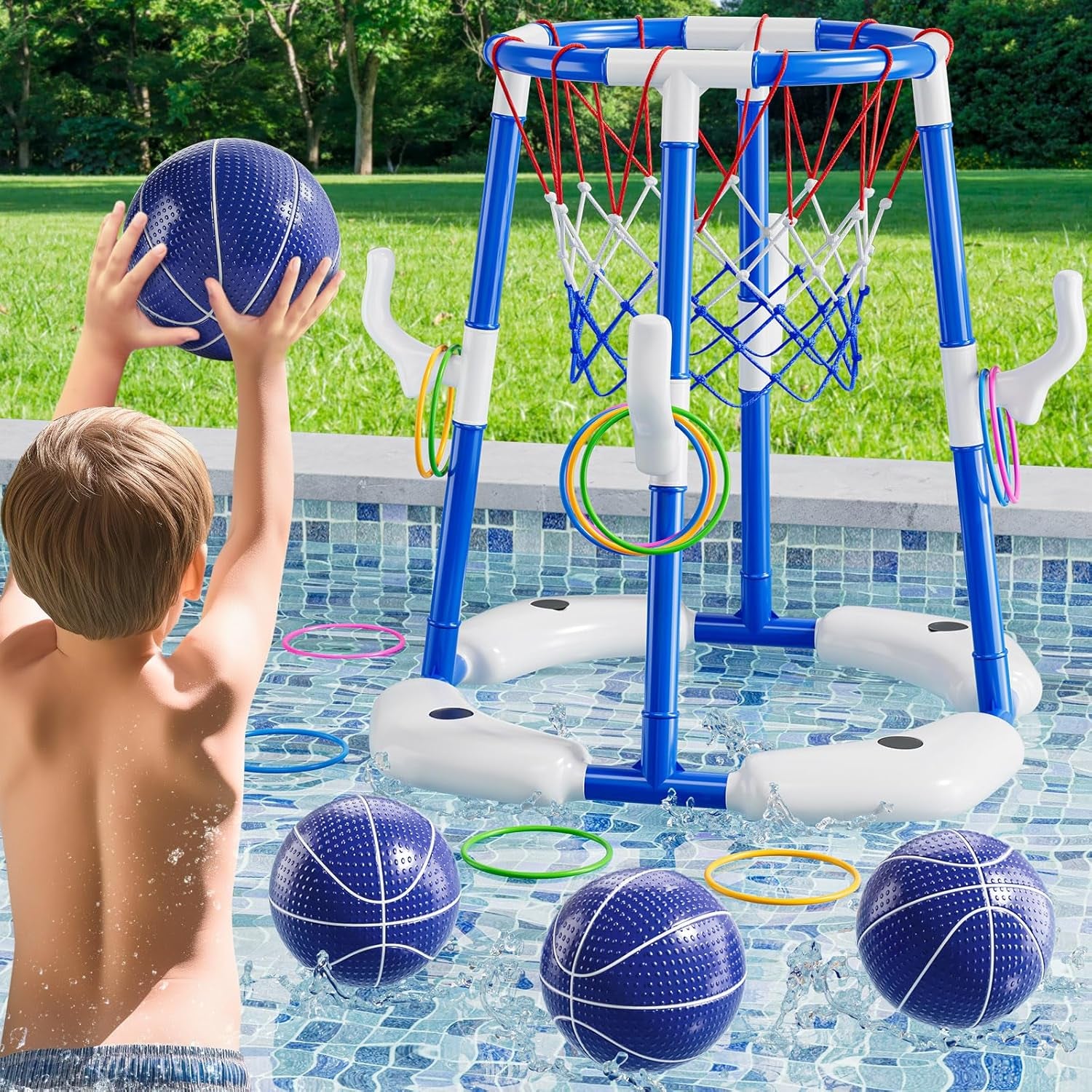 Pool Basketball Hoop, 2 in 1 Floating Pool Toys with 4 Balls and Inflatable Pump, Indoor Outdoor Water Basketball Swimming Pool Games Gifts Toys for Kids Ages 4-8 8-12