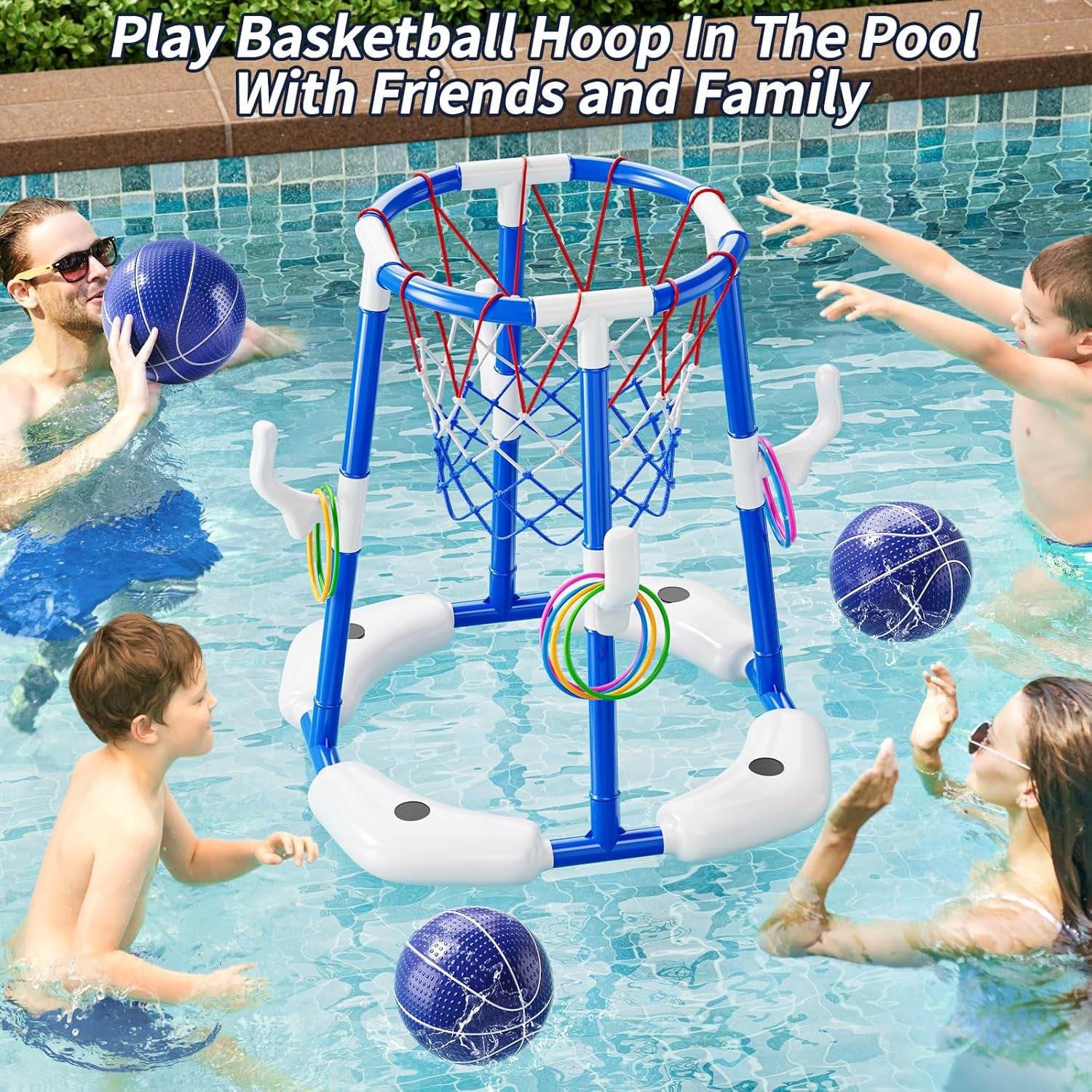 Pool Basketball Hoop, 2 in 1 Floating Pool Toys with 4 Balls and Inflatable Pump, Indoor Outdoor Water Basketball Swimming Pool Games Gifts Toys for Kids Ages 4-8 8-12