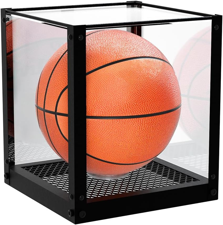 Acrylic Basketball Display Case, Clear Display Box Showcase Holder with Metal Mesh Base for Autograph Football, Socerball, Volleyball Memorabilia Collectibles - MK633A