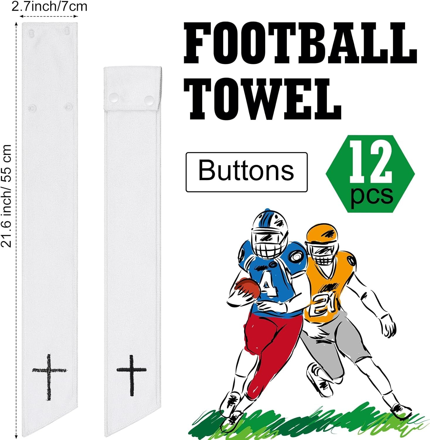 12 Pcs Football Towel Thin Sports Towel with Buttons Football Accessories Drip Streamer for Sports(White,Cross)
