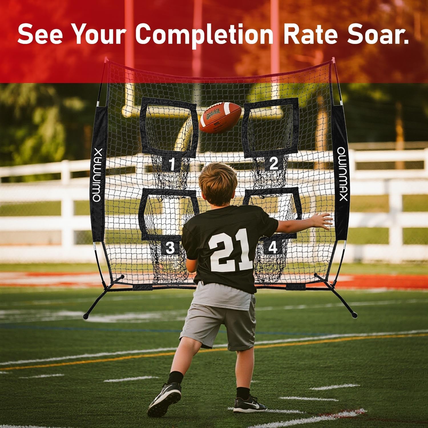 6X6 Ft Football Trainer Throwing Net, Training Target Practice with 4 Targets, Includes Carry Bag and Ground Stake, Black and Red, Great for Kids and Youth